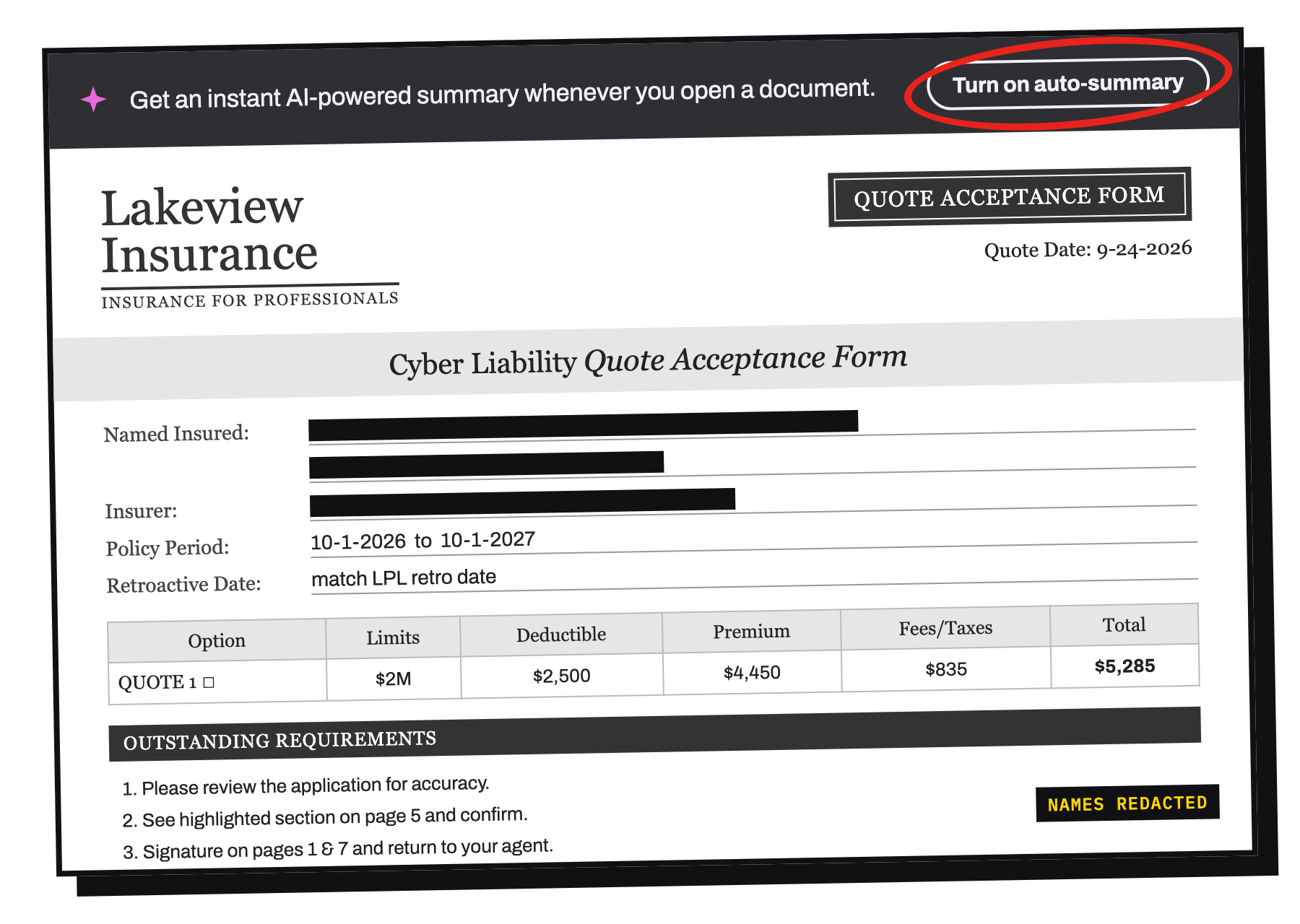 A quote acceptance form opened in a PDF reader, with a banner across the top offering an instant AI-powered summary and a 'Turn on auto-summary' button circled in red. Client names are redacted.